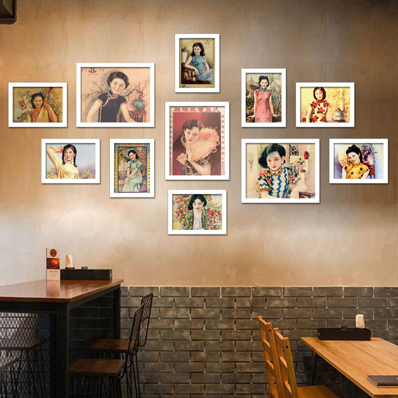老上海广告画月份牌美女装饰画招贴画酒吧饭店组合墙画剧本杀挂画