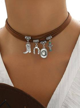 necklace women欧美民族风树叶编织流苏项链复古羽毛帽子牛角月牙