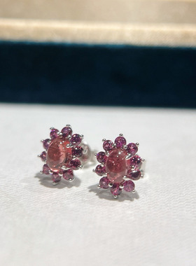 星赞S925纯银镀金约1.06克拉天然彩色碧玺素面耳钉日常佩戴小巧