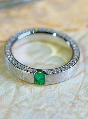 星赞S925纯银镀金约0.14克拉天然祖母绿戒指拉丝工艺复古男女同款