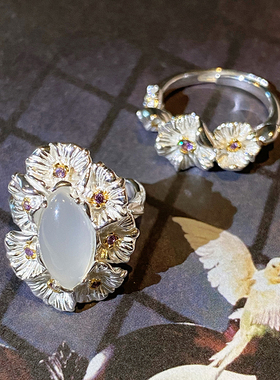 重工纯银曼陀罗花朵白玛瑙戒指