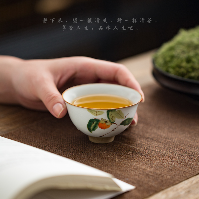 景德镇仿古月白汝窑茶杯主人杯陶瓷功夫茶具个人单杯子品茗杯柿子-图0