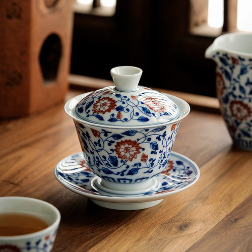 泥土故事釉里红缠枝莲泡茶碗功夫茶具盖碗单个防烫陶瓷泡茶器茶杯 - 图0