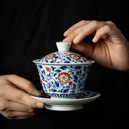 泥土故事釉里红缠枝莲泡茶碗功夫茶具盖碗单个防烫陶瓷泡茶器茶杯 - 图3