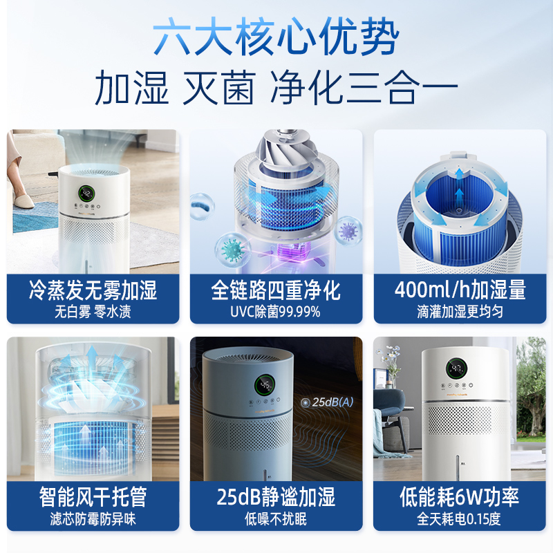 摩飞无雾加湿器轻音卧室孕妇婴儿冷蒸发无雾空气加湿器抗菌除菌