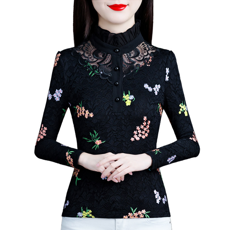 加绒加厚蕾丝2021年新款半高领小衫 红鹿瑰人蕾丝衫/雪纺衫