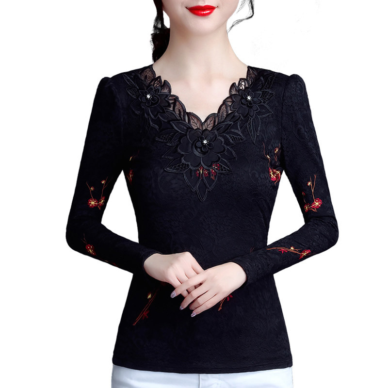 洋气2021年秋季新款长袖加绒蕾丝衫 红鹿瑰人蕾丝衫/雪纺衫