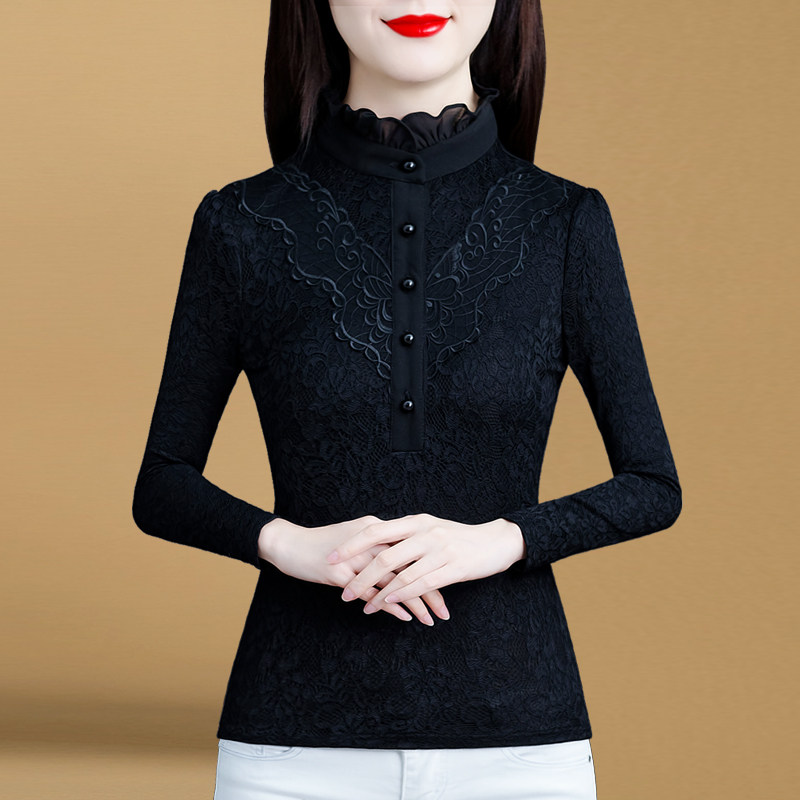 半高领蕾丝2021年秋冬新款加绒小衫 红鹿瑰人蕾丝衫/雪纺衫