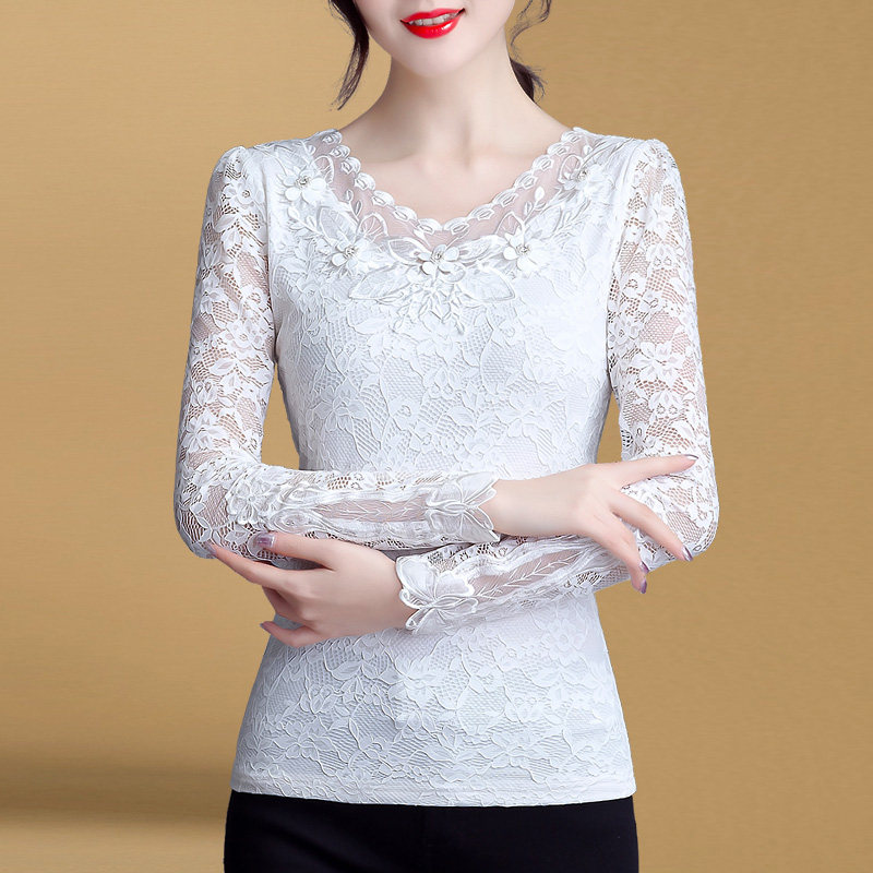 白色气质加绒蕾丝长袖2020打底衫 红鹿瑰人蕾丝衫/雪纺衫