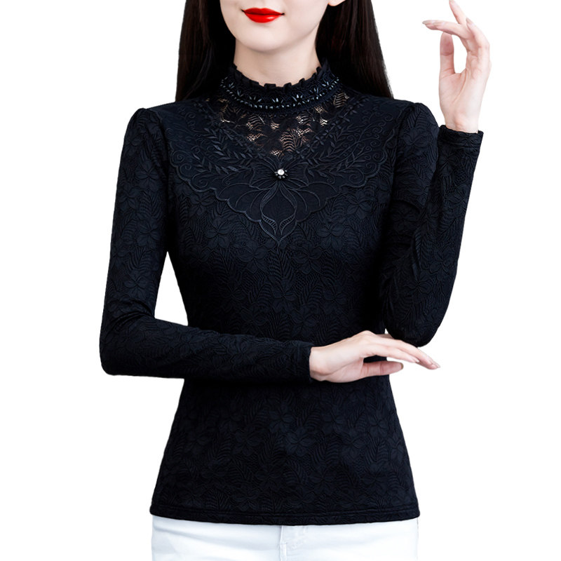 加绒黑色蕾丝秋冬2021新款气质小衫 红鹿瑰人蕾丝衫/雪纺衫