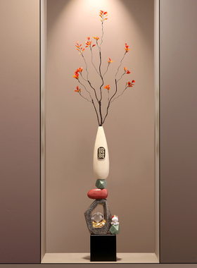 石来运转花瓶落地摆件进门屏风客厅隔断玄关造景红果竖长条装饰品