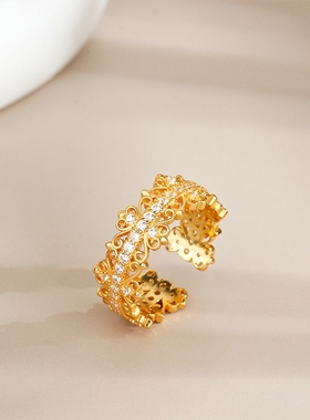 S925纯银宫廷蕾丝镶钻开口戒指