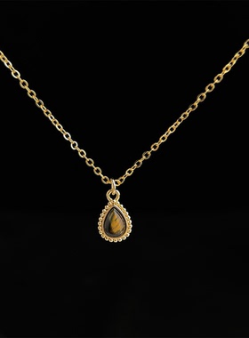 MoreSuitable厚镀18K真金强保色天然石虎眼石水滴项链中古风锁骨