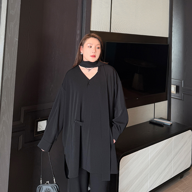高级感大码女装衬衫2025春季新款胖妹妹mm宽松中长款优雅法式衬衣 - 图2