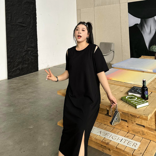 藏肉显瘦特大码小黑裙中长款夏女装200斤胖mm宽松遮肚开叉连衣裙 - 图2