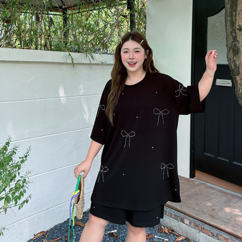 别致时尚大码套装女夏薄款200斤胖mm宽松蝴蝶结烫钻t恤短裤两件套,淘宝优惠券,粉丝福利购,淘宝优惠卷