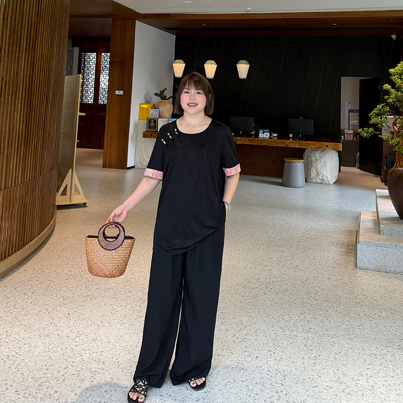 新中式国风吊坠针织上衣大码女装2025年新款胖mm显瘦复古短袖T恤