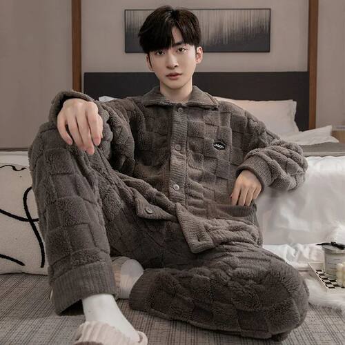 2pcs/set Men's Pajamas Autumn And Winter Padded And Thickene - 图1