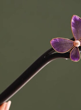 手工绒花檀木发簪紫色蝴蝶日常百搭气质盘发簪国风