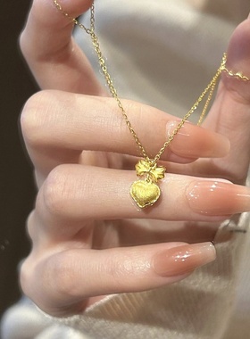 欧美跨境外贸沙金饰品金久不掉色拉丝纹蝴蝶结爱心项链小众设计