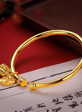 欧美跨境外贸沙金饰品新中式荷叶莲蓬开口手镯女小众感金久不手饰