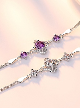 外贸轻奢小众银饰七彩首饰锆石高手串链 女 叶草小花瓣猛锆石手链