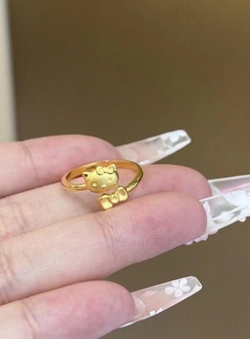 出口欧美跨境外贸沙金饰品kitty猫蝴蝶结戒指轻奢感女小众设计银