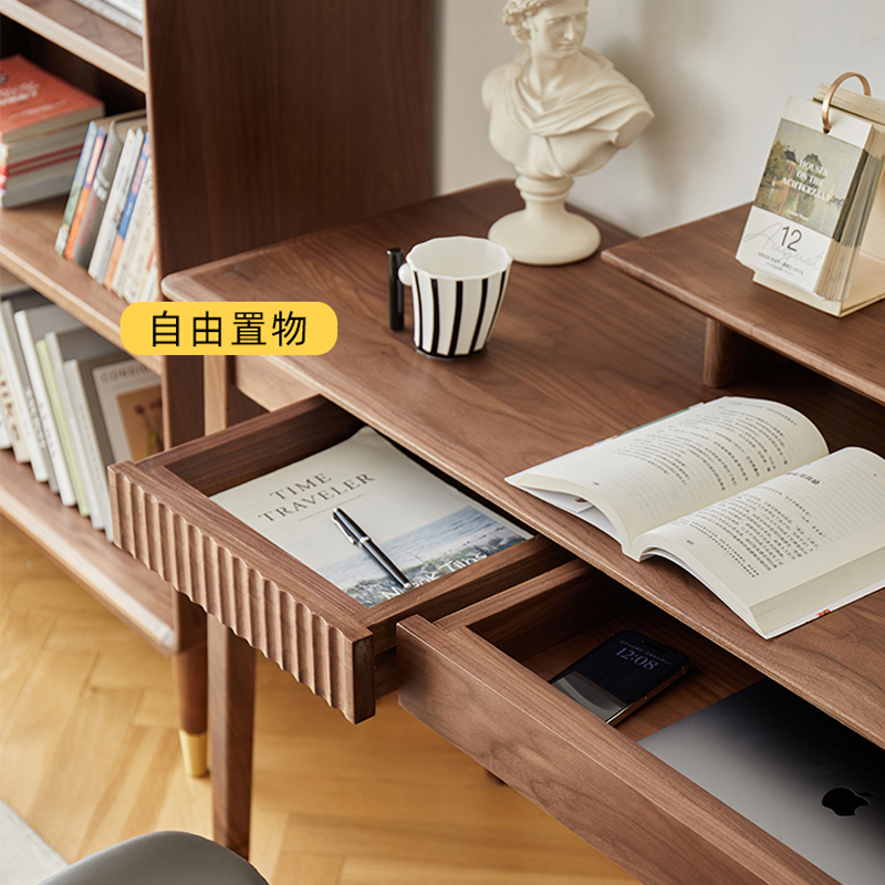 愫木工房轻奢实木书桌北欧写字台梳妆台电脑窄书台黑胡桃木电脑桌 - 图0