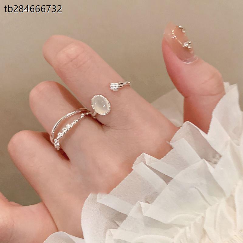 两件套精致月光石戒指女轻奢高级感素圈指环时尚个性可调节食指戒-图1