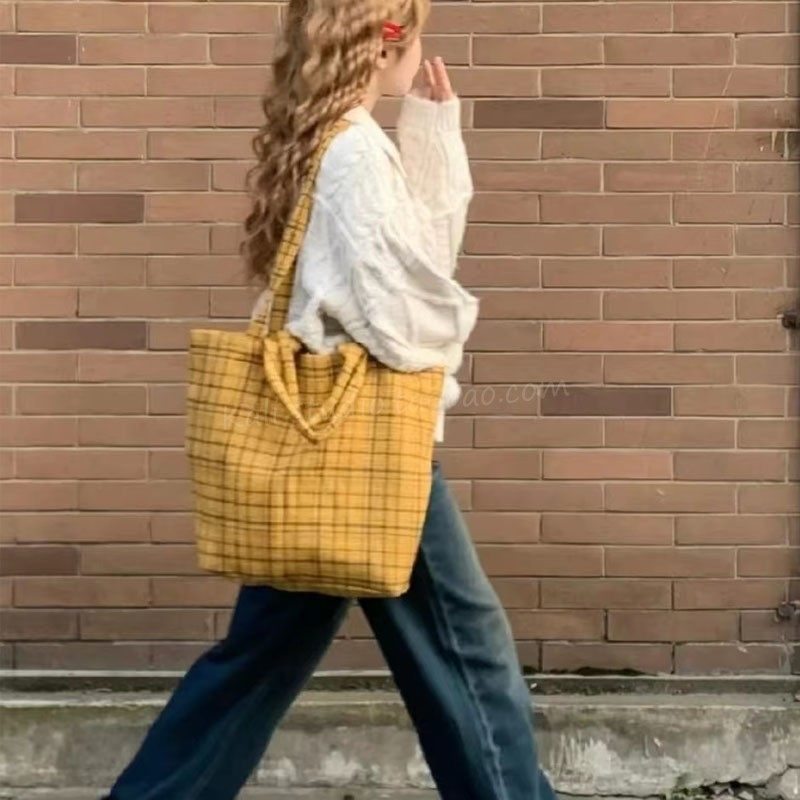 秋冬复古姜黄格纹羊毛呢大容量托特包通勤百搭ins手提单肩腋下包,淘宝优惠券,粉丝福利购,淘宝优惠卷