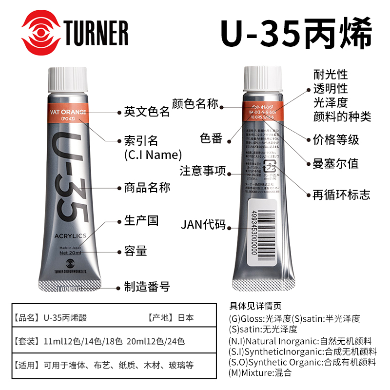 日本TURNER透纳U-35丙烯bjd专用11ml20ml12色18色24色绘画画笔套装亚克力颜料UA12C - 图1