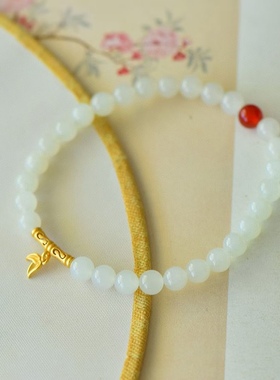 和田玉浅晴水料竹节925银镀磨砂金南红珠多宝手链（28颗6mm玉珠）