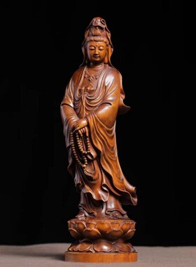 做旧小叶黄杨木精雕念珠观音菩萨摆件古玩旧藏摆件家居装饰品工艺