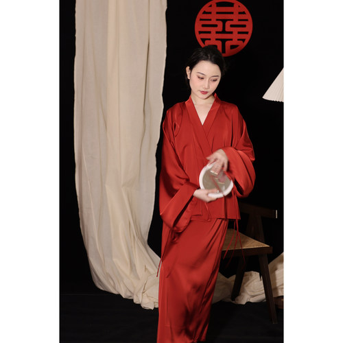 喵吉新中式高级感婚礼晨袍礼服小众新娘睡袍红色结婚睡衣情侣女秋 - 图0