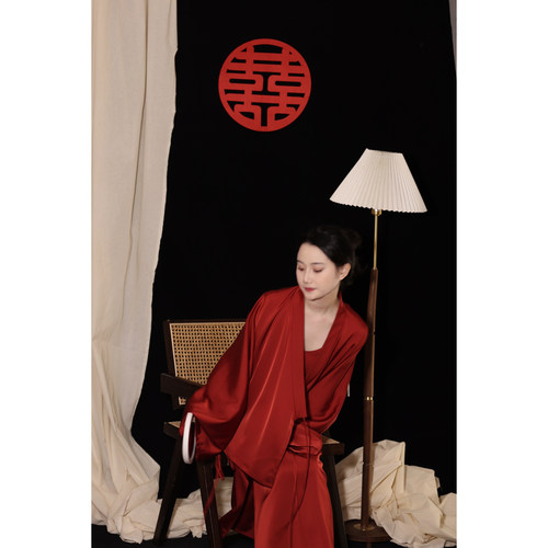 喵吉新中式高级感婚礼晨袍礼服小众新娘睡袍红色结婚睡衣情侣女秋 - 图2
