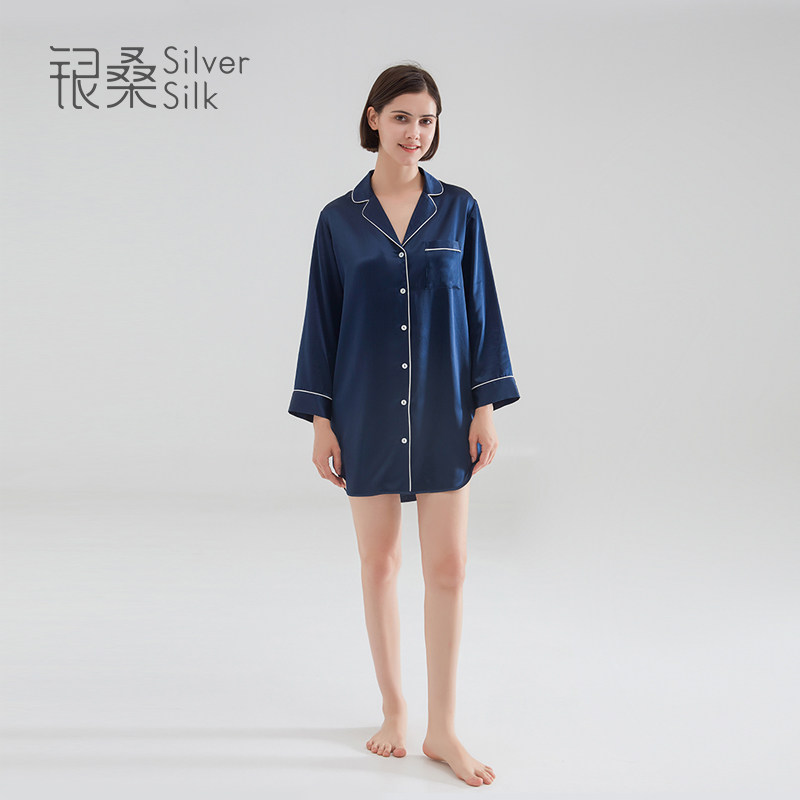 银桑100%桑蚕丝绸睡裙春秋冬衬衫 银桑睡裙