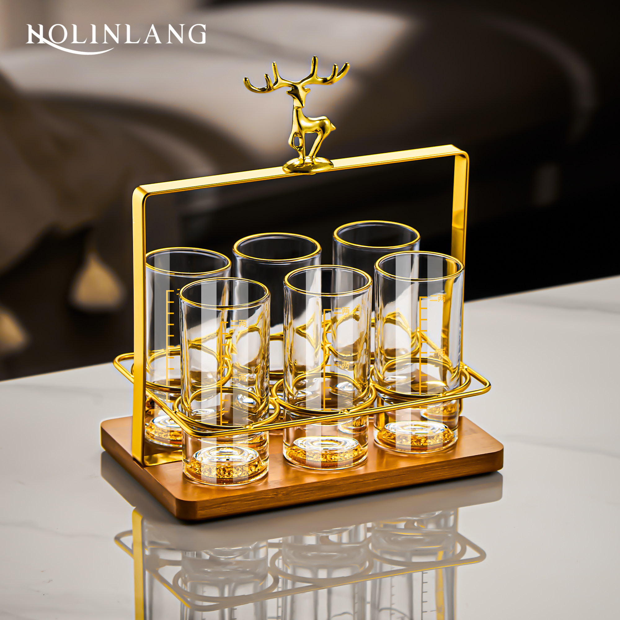 轻奢麋鹿杯架金箔金山一两二两白酒杯高档创意玻璃杯酒具套装,淘宝优惠券,粉丝福利购,淘宝优惠卷