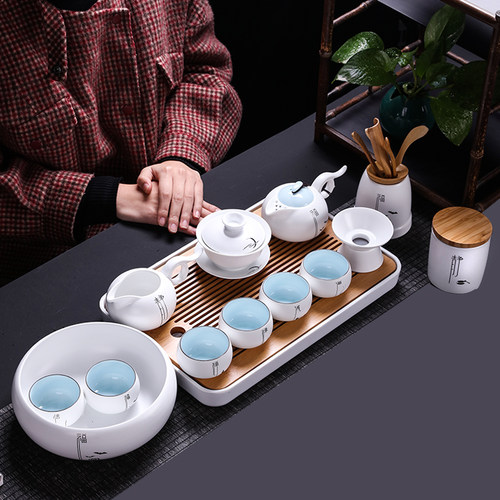 凌胜 禅意功夫茶具套装家用整套亚光简约中式盖碗泡茶杯白瓷青瓷 - 图1