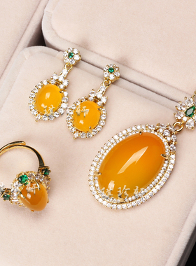 玛瑙钻石镶嵌宝石镀金套装项链