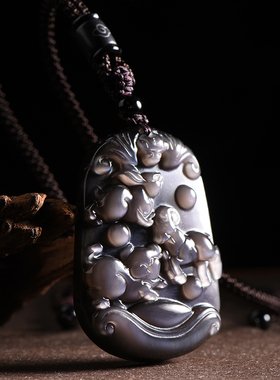 冰种蓝眼黑曜石生肖属猪兔羊项链亥卯未三合贵人吊坠猪羊得宝项链