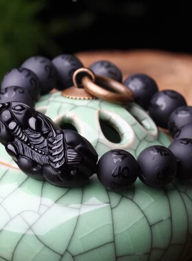 天然黑曜石貔貅手串男士手链六字真言钱币貔貅男款转运招财串珠男