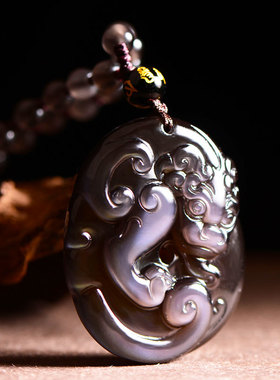 蓝眼冰种黑曜石貔貅吊坠平安扣霸王貔貅招财男士项链