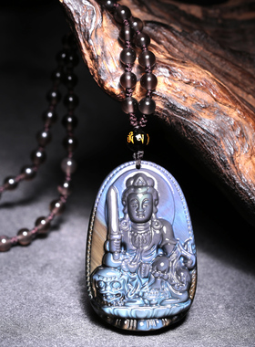 冰种黑曜石文殊菩萨佛光普照吊坠