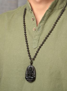 天然冰种黑曜石属羊猴人本命佛吊坠大日如来菩萨生肖羊猴饰品男女