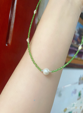 橄榄绿色尖晶石珍珠项链锁骨链，简单百搭