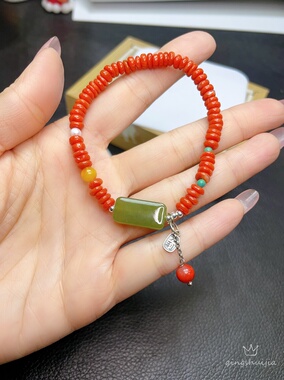 天然南红和田玉无事牌手链手串南红盘珠搭和田玉无事牌s925银配饰