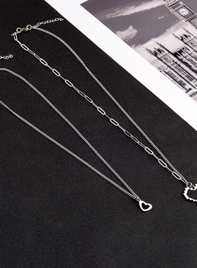 双层钛钢项链黑色马赛克像素爱心