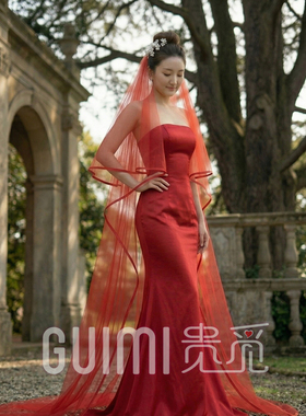 红色包边头纱新娘结婚长款拖尾中式红盖头喜庆复古主婚纱红边头饰