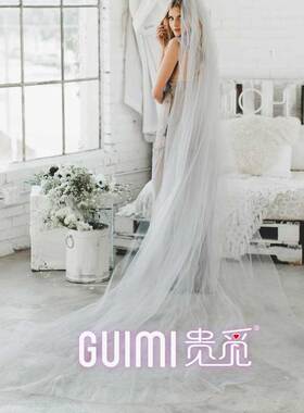 灰色头纱新款超长拖尾简约素纱写真拍照道具超仙旅拍新娘婚纱头纱