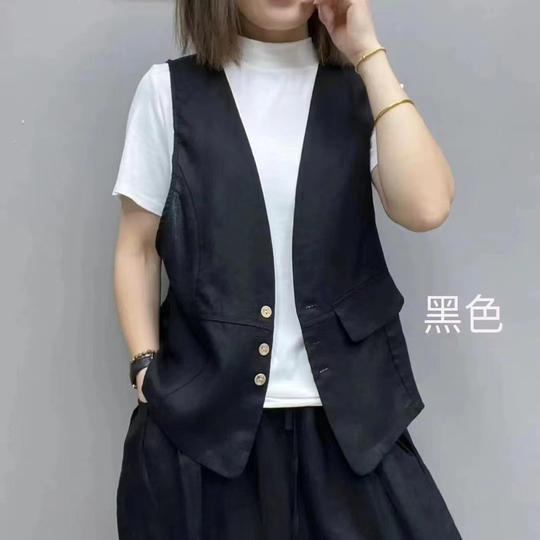 春夏季宽松纯亚麻休闲气质百搭马甲口袋纽扣开衫坎肩68139